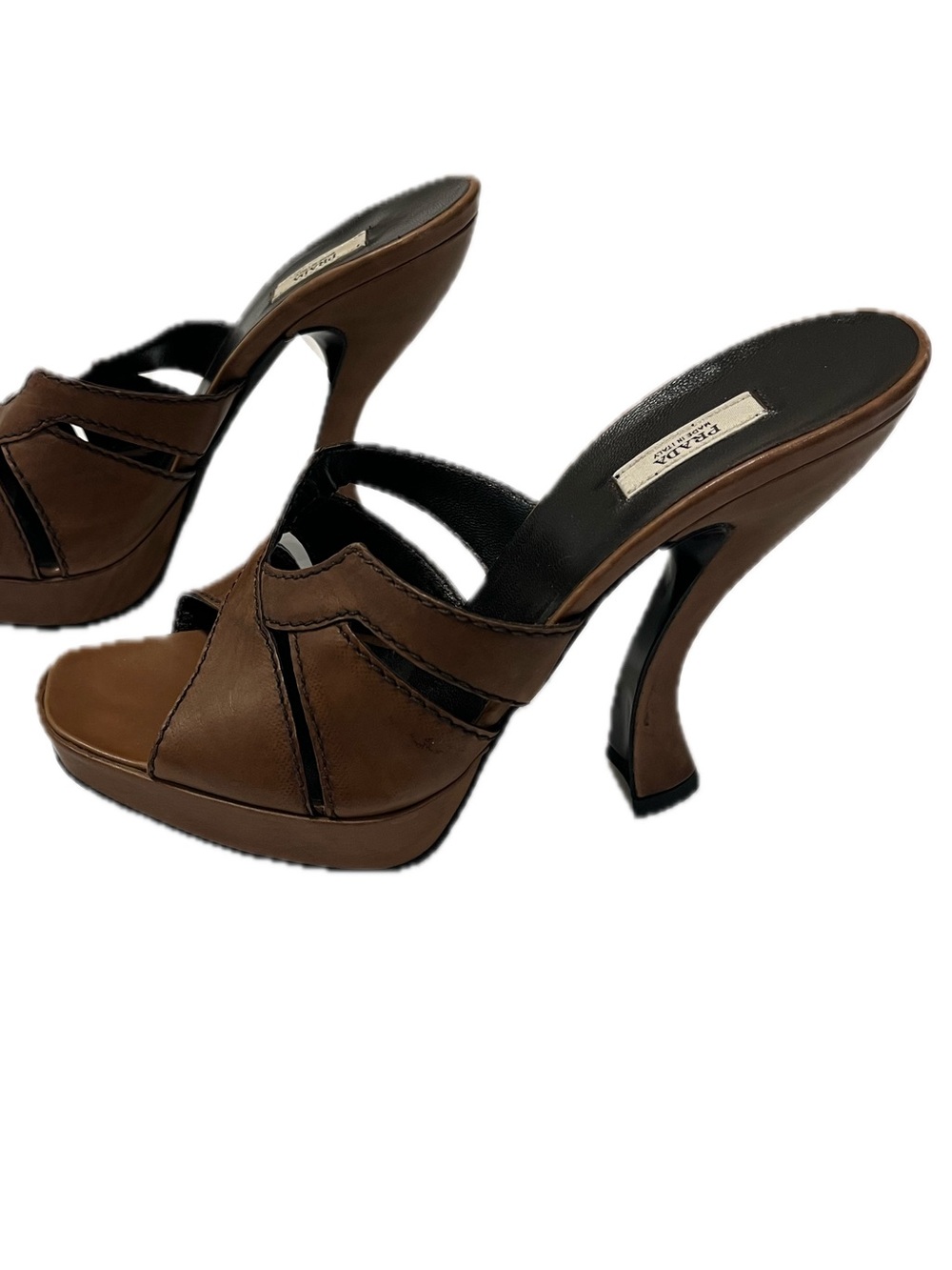 Prada Brown Leather Platform Mule Heels Size 38 4 inch Heels